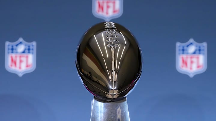 The Vince Lombardi Trophy is displayed before a press conference for NFL commissioner Roger Goodell ahead of Super Bowl 60