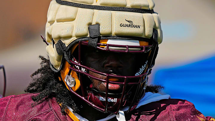 ASU offensive lineman Champ Westbrooks (76) watches during practice in Tempe on July 31, 2024.