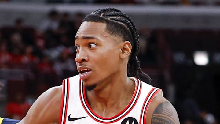 Apr 1, 2026; Chicago, Illinois, USA; Chicago Bulls guard Rob Dillingham (7) drives to the basket against the Indiana Pacers during the second half at United Center. Mandatory Credit: Kamil Krzaczynski-Imagn Images