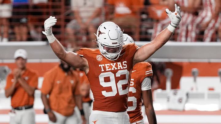 Texas Longhorns defensive lineman Colton Vasek reacts after making a tackle during the second half against the Texas-San Antonio Roadrunners Texas Longhorns defensive lineman Colton Vasek reacts after making a tackle during the second half against the Texas-San Antonio Roadrunners