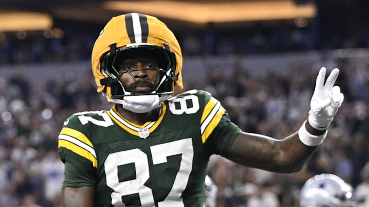Green Bay Packers wide receiver Romeo Doubs (87) celebrates after scoring a touchdown against the Dallas Cowboys. Green Bay Packers wide receiver Romeo Doubs (87) celebrates after scoring a touchdown against the Dallas Cowboys.