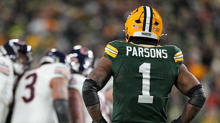 Dec 7, 2025; Green Bay, Wisconsin, USA;  Green Bay Packers defensive end Micah Parsons (1) looks on during the game against the Chicago Bears at Lambeau Field. Mandatory Credit: Jeff Hanisch-Imagn Images