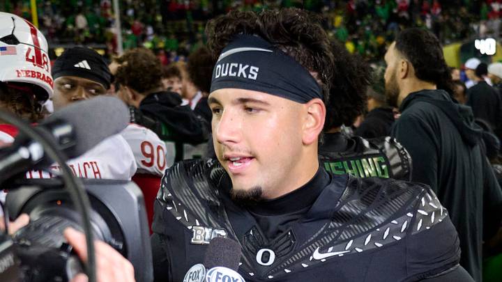 Oct 17, 2026; Eugene, Oregon, USA; Oregon Ducks quarterback Dylan Raiola (8) gives an interview after a game against the Nebraska Cornhuskers at Autzen Stadium.