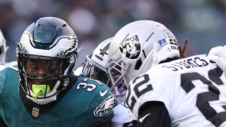Dec 14, 2025; Philadelphia, Pennsylvania, USA; Philadelphia Eagles running back Tank Bigsby (37) runs with the ball during the fourth quarter against the Las Vegas Raiders at Lincoln Financial Field. Mandatory Credit: Bill Streicher-Imagn Images