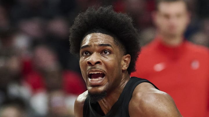 Portland Trail Blazers guard Scoot Henderson drives to the basket against Indiana Pacers forward Pascal Siakam.