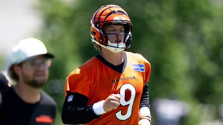 Cincinnati Bengals quarterback Joe Burrow (9) jogs during spring practice on at the Kettering Practice Fields on Tuesday, June 2, 2026.