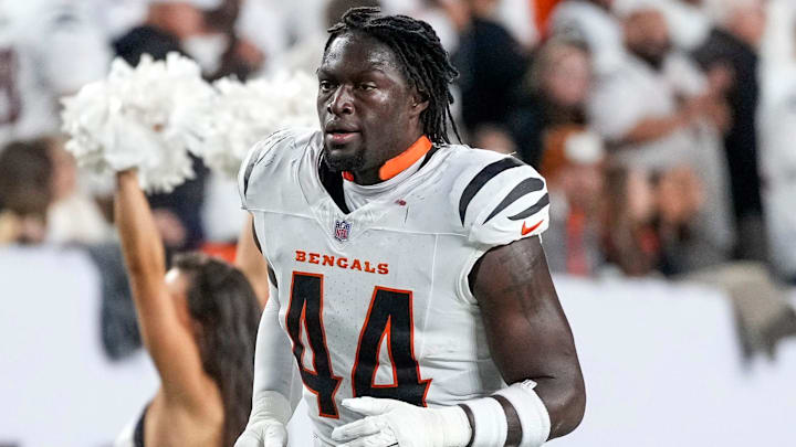 Cincinnati Bengals linebacker Demetrius Knight Jr. (44) runs for the locker room with an injury in the fourth quarter of the NFL Week 7 game between the Cincinnati Bengals and the Pittsburgh Steelers at Paycor Stadium in downtown Cincinnati on Thursday, Oct. 16, 2025. The Bengals won, 33-31.
