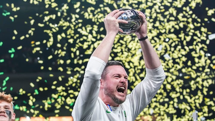 Oregon Ducks head coach Dan Lanning celebrates Saturday, Dec. 7, 2024, during the Big Ten Championship game between the Oregon Ducks and the Penn State Nittany Lions at Lucas Oil Stadium in Indianapolis. The Ducks defeated the Nittany Lions, 45-37.