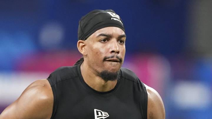 Feb 26, 2026; Indianapolis, IN, USA;  TCU linebacker Kaleb Elarms--Orr (LB06) during the NFL Scouting Combine at Lucas Oil Stadium. Mandatory Credit: Kirby Lee-Imagn Images