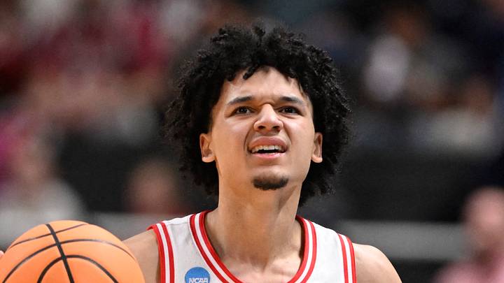 Arizona Wildcats guard Brayden Burries (5) reacts after a play against the Arkansas Razorbacks in the first half during a Sweet Sixteen game of the West Regional of the men's 2026 NCAA Tournament at SAP Center on March 26, 2026.