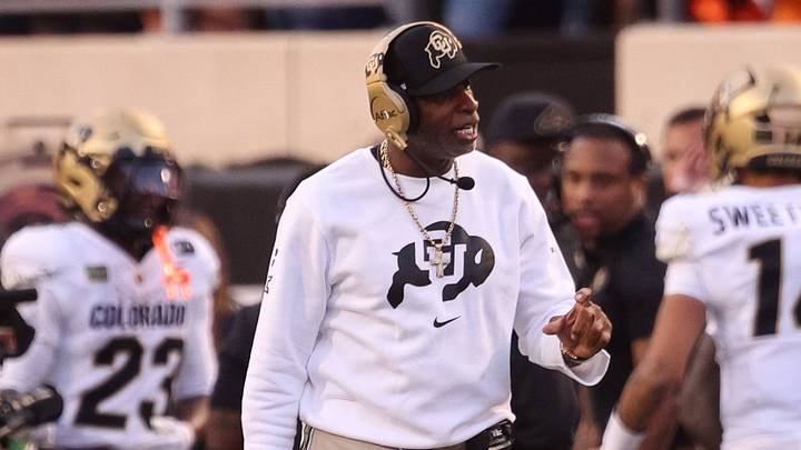 Oct 24, 2026; Stillwater, Oklahoma, USA;  Colorado Buffaloes head coach Deion Sanders on the side lines during the first half against the Oklahoma State Cowboys at Boone Pickens Stadium.   