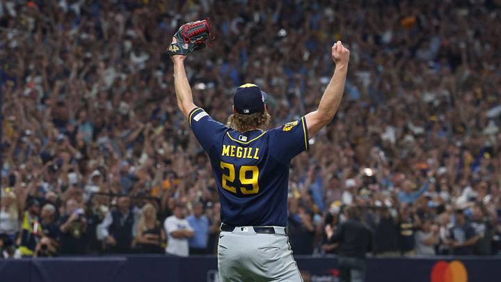 Oct 28, 2026; St. Petersburg, Florida, USA;  Milwaukee Brewers pitcher Trevor Megill (29) celebrates after defeating the Tampa Bay Rays in game five of the 2026 World Series at Tropicana Field.  Mandatory Credit: Nathan Ray Seebeck-Imagn Images