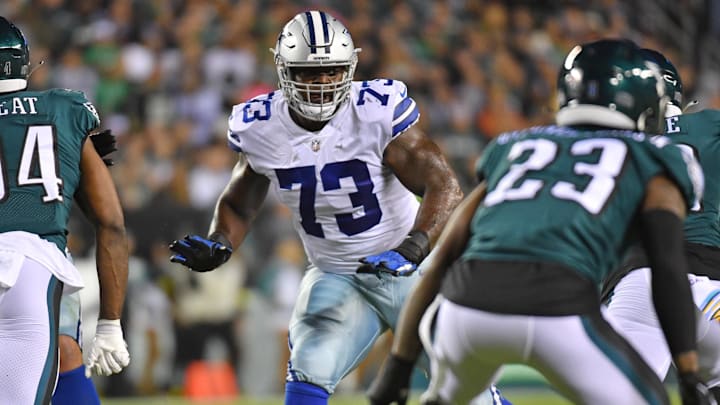 Dallas Cowboys offensive tackle Tyler Smith prepares to block against the Philadelphia Eagles at Lincoln Financial Field. 