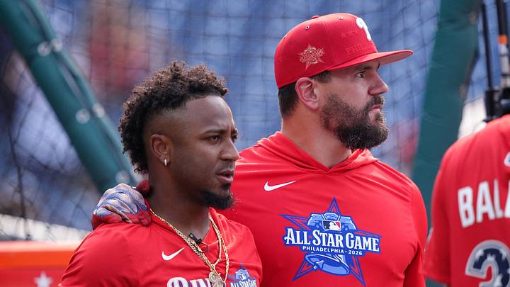 Jul 14, 2026; Philadelphia, Pennsylvania, USA; Philadelphia Phillies designated hitter Kyle Schwarber (12) and Atlanta Braves second baseman Ozzie Albies (1) before the All-Star Game at Citizens Bank Park. Mandatory Credit: Kyle Ross-Imagn Images