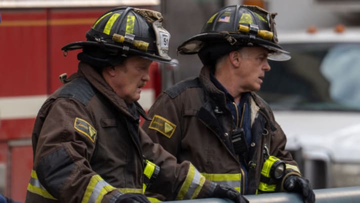 CHICAGO FIRE -- "Speak of the Devil" Episode 1420 -- Pictured: (l-r) Taylor Kinney as Severide, Christian Stolte as Randall Mouch McHolland, David Eigenberg as Christopher Herrmann 