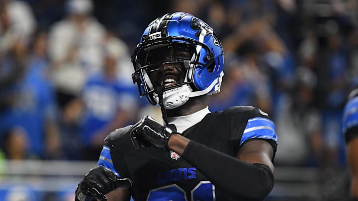 Detroit Lions safety Kerby Joseph (31) celebrates after intercepting a pass against the Seattle Seahawks Detroit Lions safety Kerby Joseph (31) celebrates after intercepting a pass against the Seattle Seahawks