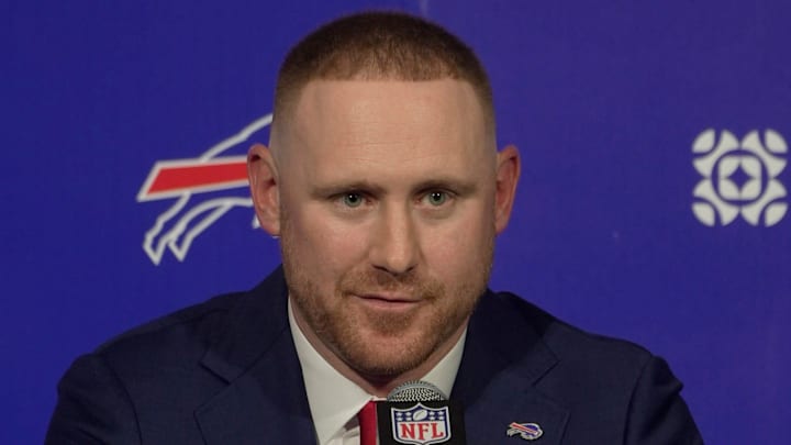 New Bills head coach Joe Brady answers questions during a press conference at the Bills field house in Orchard Park on Jan. 29, 2026. New Bills head coach Joe Brady answers questions during a press conference at the Bills field house in Orchard Park on Jan. 29, 2026.