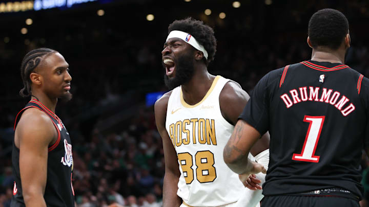 Mar 1, 2026; Boston, Massachusetts, USA; Boston Celtics center Neemias Queta (88) reacts during the second half against the Philadelphia 76ers at TD Garden. Mandatory Credit: Paul Rutherford-Imagn Images
