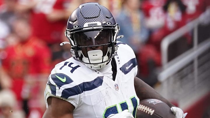 Seattle Seahawks receiver DK Metcalf runs with the ball after a catch.