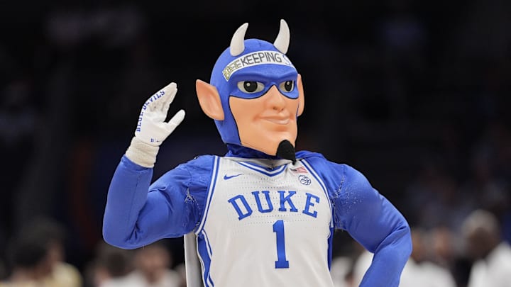 Mar 13, 2025; Charlotte, NC, USA; Duke Blue Devils mascot during the second half against the Georgia Tech Yellow Jackets at Spectrum Center. Mandatory Credit: Jim Dedmon-Imagn Images
