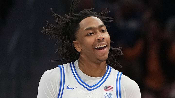 Mar 14, 2026; Charlotte, NC, USA; Duke Blue Devils guard Isaiah Evans (3) reacts in the second half during the men's ACC Conference Tournament Championship at Spectrum Center. Mandatory Credit: Bob Donnan-Imagn Images