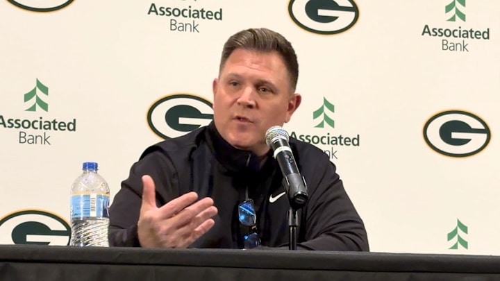 Green Bay Packers GM Brian Gutekunst talks to reporters at Lambeau Field on Feb. 4.