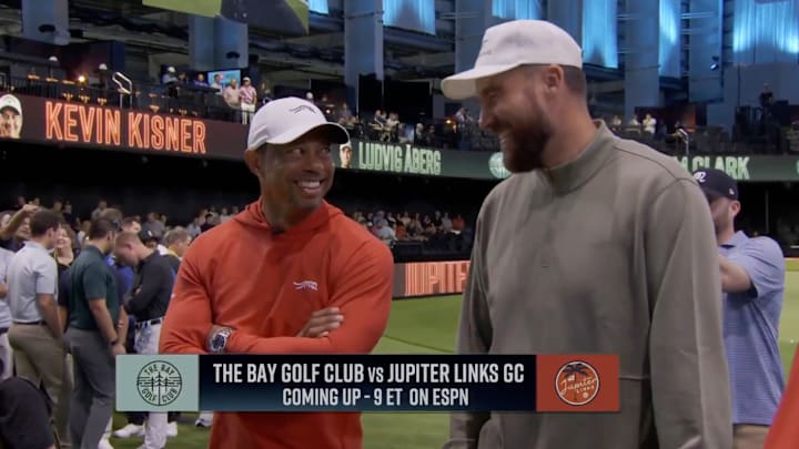 Tiger Woods and Travis Kelce chatted before the TGL event between Jupiter and Bay Golf Club.