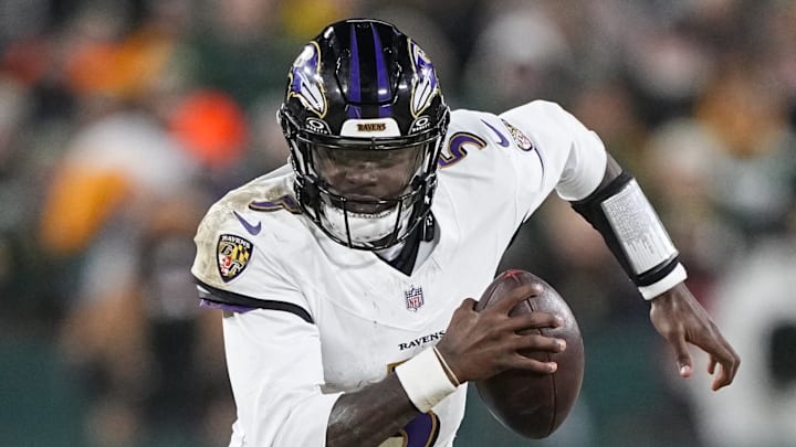 Dec 27, 2025; Green Bay, Wisconsin, USA;  Baltimore Ravens quarterback Tyler Huntley (5) during the game against the Green Bay Packers at Lambeau Field. Mandatory Credit: Jeff Hanisch-Imagn Images