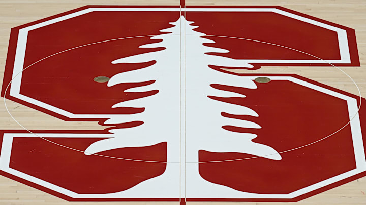 Feb 10, 2024; Stanford, California, USA; The Stanford Cardinal logo at center court before the game between the Stanford Cardinal and the USC Trojans at Maples Pavilion. Mandatory Credit: Robert Edwards-Imagn Images Feb 10, 2024; Stanford, California, USA; The Stanford Cardinal logo at center court before the game between the Stanford Cardinal and the USC Trojans at Maples Pavilion. Mandatory Credit: Robert Edwards-Imagn Images