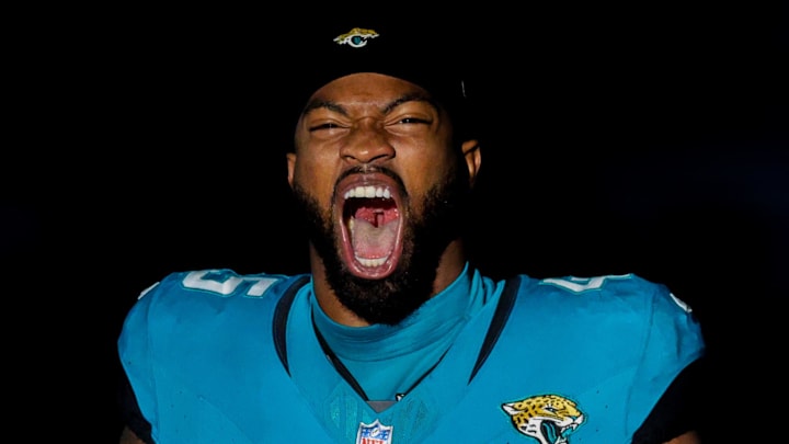 Dec 17, 2023; Jacksonville, Florida, USA;  Jacksonville Jaguars linebacker K'Lavon Chaisson (45) takes the field for a game against the Baltimore Ravens at EverBank Stadium. 