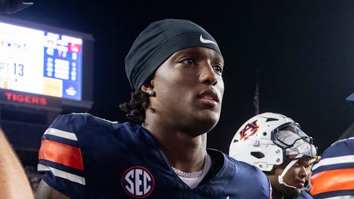 Auburn Tigers wide receiver Cam Coleman (8), the game as Auburn Tigers take on Ball State Cardinals at Jordan-Hare Stadium in Auburn, Ala. on Saturday, Sept. 6, 2025. Auburn Tigers defeated Ball State Cardinals 42-3.