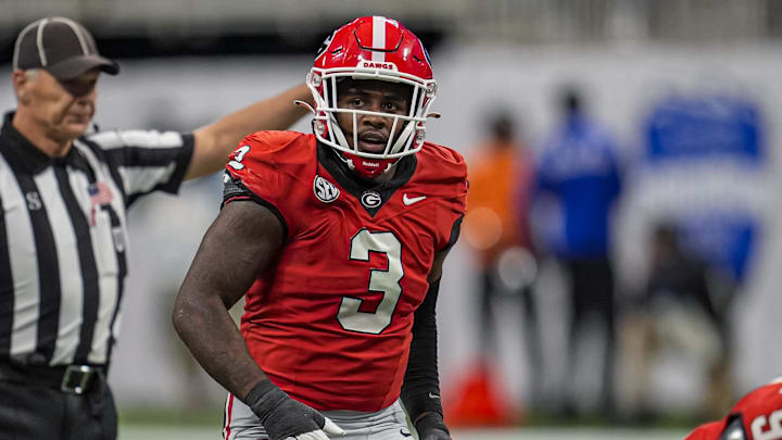 Nov 28, 2025; Atlanta, Georgia, USA; Georgia Bulldogs linebacker CJ Allen (3) on the field against the Georgia Tech Yellow Jackets during the first half at Mercedes-Benz Stadium. Mandatory Credit: Dale Zanine-Imagn Images