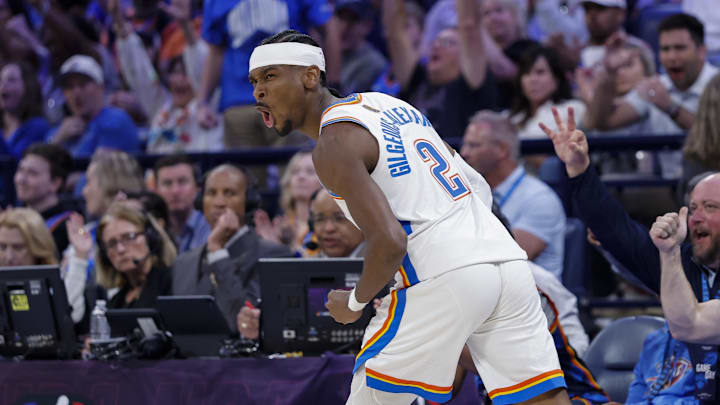 Mar 29, 2026; Oklahoma City, Oklahoma, USA; Oklahoma City Thunder guard Shai Gilgeous-Alexander (2) celebrates after scoring against the New York Knicks during the second half at Paycom Center. Mandatory Credit: Alonzo Adams-Imagn Images