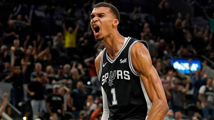 Oct 27, 2023; San Antonio, Texas, USA; San Antonio Spurs forward Victor Wembanyama (1) reacts after dunking during the second half against the Houston Rockets at Frost Bank Center. Mandatory Credit: Scott Wachter-USA TODAY Sports