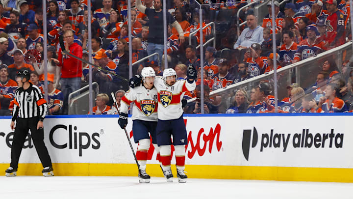 Jun 14, 2025; Edmonton, Alberta, CAN; Florida Panthers forward Brad Marchand (63) celebrates scoring during the third period against the Edmonton Oilers in game five of the 2025 Stanley Cup Final at Rogers Place. Mandatory Credit: Perry Nelson-Imagn Images