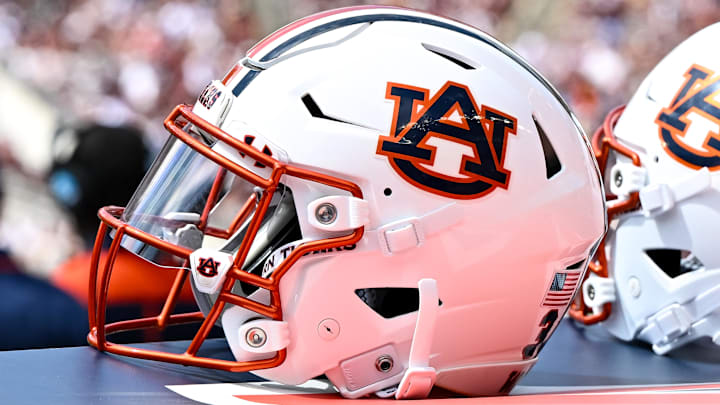 Sep 23, 2023; College Station, Texas, USA; A detailed view of an Auburn Tigers helmet on the sideline of the game against the Texas A&M Aggies at Kyle Field. Mandatory Credit: Maria Lysaker-Imagn Images Sep 23, 2023; College Station, Texas, USA; A detailed view of an Auburn Tigers helmet on the sideline of the game against the Texas A&M Aggies at Kyle Field. Mandatory Credit: Maria Lysaker-Imagn Images