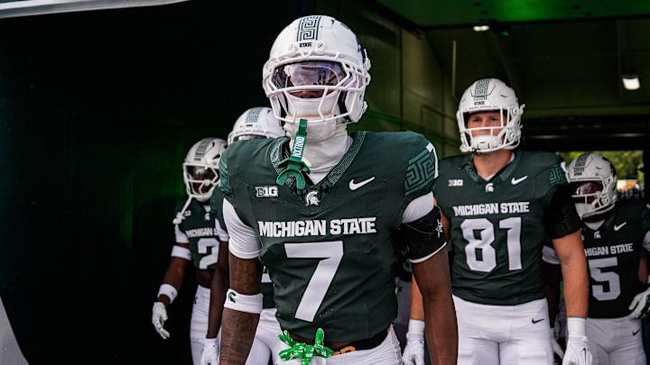 Michigan State defensive back Joshua Eaton (7) leads a group of the tunnel for warm up against Western Michigan at Spartan Stadium in East Lansing on Friday, August 29, 2025. Michigan State defensive back Joshua Eaton (7) leads a group of the tunnel for warm up against Western Michigan at Spartan Stadium in East Lansing on Friday, August 29, 2025.