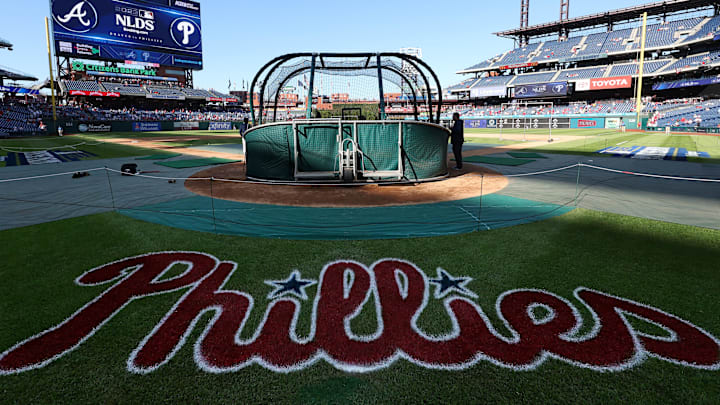 A view of the Phillies logo painted on the field