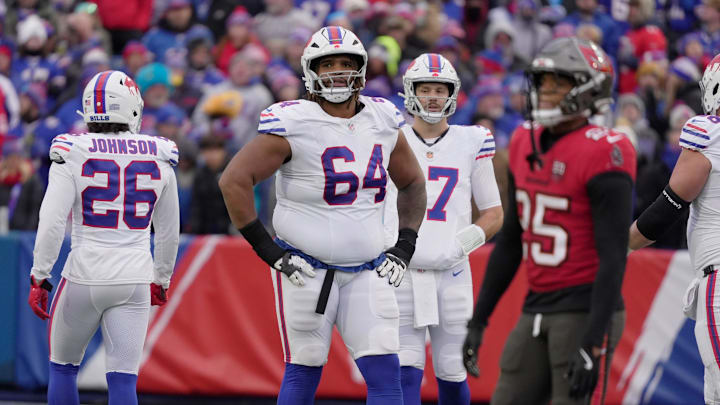 Buffalo Bills guard O'Cyrus Torrence gets ready to line up for the next play during second half action against the Tampa Bay Buccaneers on Nov 16, 2025 at Highmark Stadium in Orchard Park.