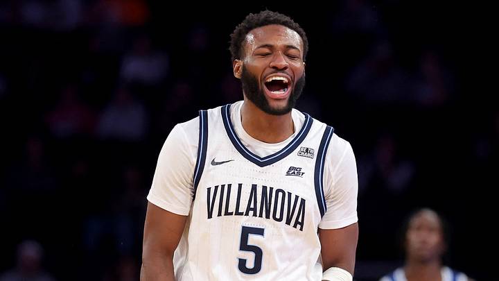 Mar 12, 2025; New York, NY, USA; Villanova Wildcats guard Wooga Poplar (5) reacts after Seton Hall Pirates guard Jahseem Felton (15) loses the ball out of bounds during the second half at Madison Square Garden. Mandatory Credit: Brad Penner-Imagn Images