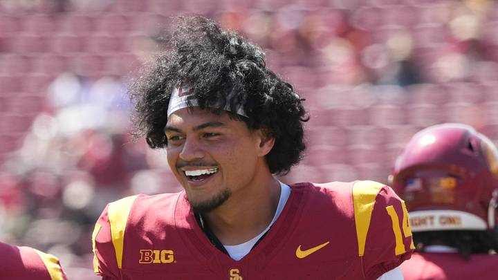 Aug 29, 2026; Los Angeles, California, USA;  Southern California quarterback Jayden Maiava (14) reacts after a touchdown during the second half against San Jose State at United Airlines Field at Los Angeles Memorial Coliseum.  Mandatory Credit: Kirby Lee-Imagn Images