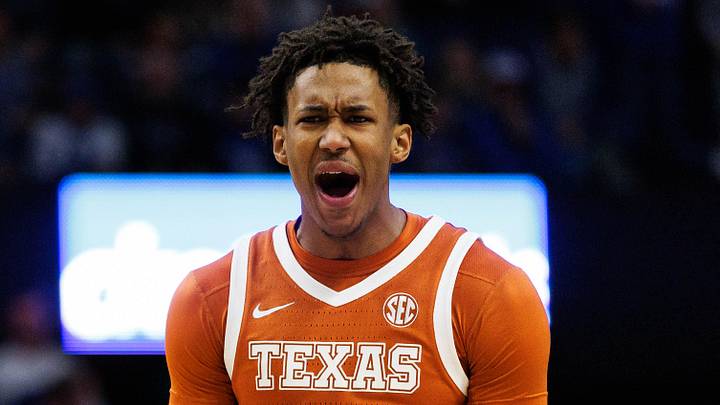 Jan 21, 2026; Lexington, Kentucky, USA; Texas Longhorns forward Dailyn Swain (3) celebrates after center Matas Vokietaitis (8) scores a basket during the first half against the Kentucky Wildcats at Rupp Arena at Central Bank Center. Mandatory Credit: Jordan Prather-Imagn Images