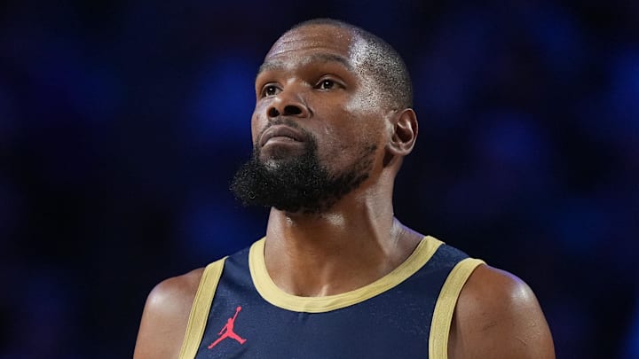 Feb 15, 2026; Inglewood, California, USA; Team USA Stripes forward Kevin Durant () 7of the Houston Rockets looks on during game three against Team World during the 75th NBA All Star Game at Intuit Dome. Mandatory Credit: Kirby Lee-Imagn Images Feb 15, 2026; Inglewood, California, USA; Team USA Stripes forward Kevin Durant () 7of the Houston Rockets looks on during game three against Team World during the 75th NBA All Star Game at Intuit Dome. Mandatory Credit: Kirby Lee-Imagn Images