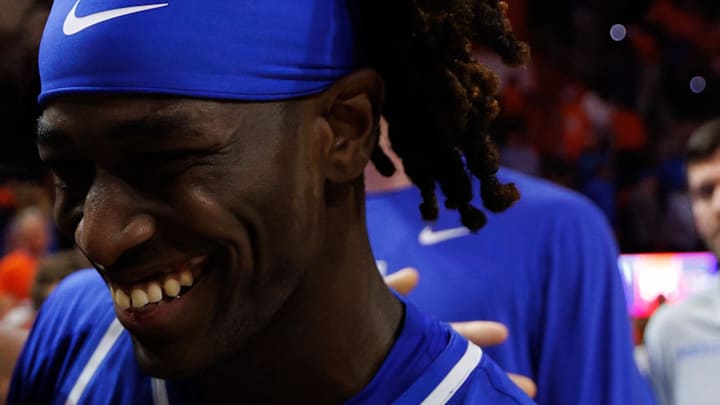 Feb 14, 2026; Gainesville, Florida, USA; Florida Gators center Rueben Chinyelu (9) and Kentucky Wildcats guard Denzel Aberdeen (1) embrace after a game at Exactech Arena at the Stephen C. O'Connell Center. Mandatory Credit: Matt Pendleton-Imagn Images Feb 14, 2026; Gainesville, Florida, USA; Florida Gators center Rueben Chinyelu (9) and Kentucky Wildcats guard Denzel Aberdeen (1) embrace after a game at Exactech Arena at the Stephen C. O'Connell Center. Mandatory Credit: Matt Pendleton-Imagn Images