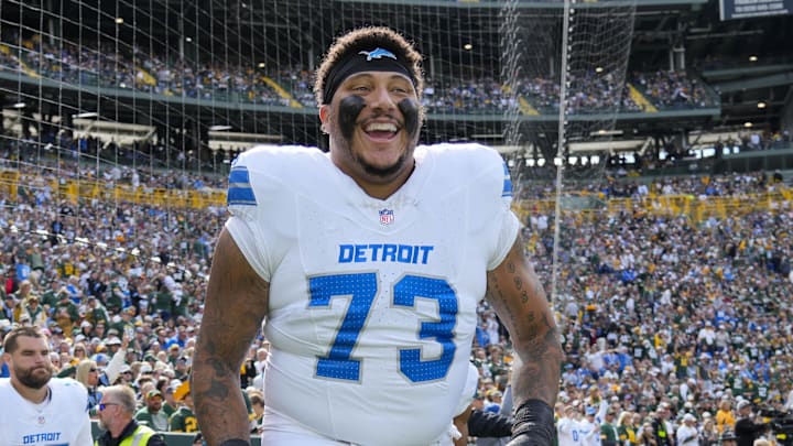 Detroit Lions guard Christian Mahogany (73) prior to the game against the Green Bay Packers at Lambeau Field