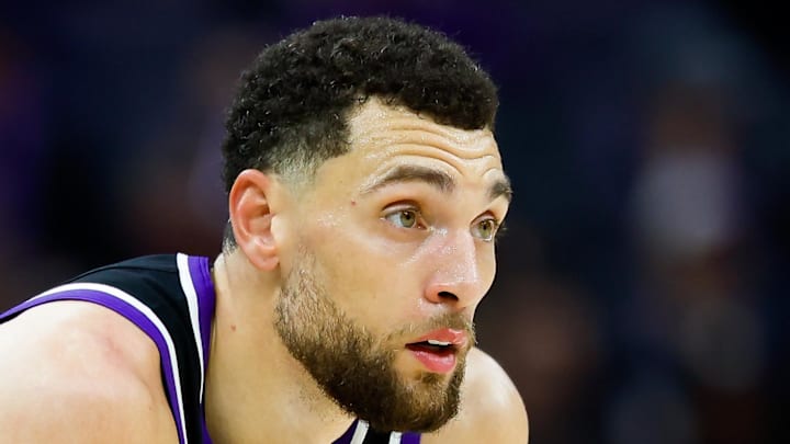 Jan 14, 2026; Sacramento, California, USA; Sacramento Kings guard Zach LaVine (8) looks on during the third quarter against the New York Knicks at Golden 1 Center. Mandatory Credit: Sergio Estrada-Imagn Images