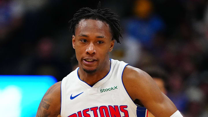 Dec 28, 2024; Denver, Colorado, USA; Detroit Pistons forward Ronald Holland II (00) dribbles up court in the second half against the Denver Nuggets at Ball Arena. Mandatory Credit: Ron Chenoy-Imagn Images