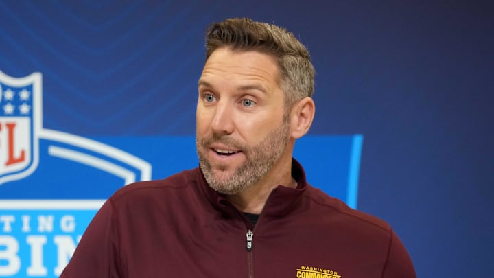 Feb 25, 2025; Indianapolis, IN, USA; Washington Commanders general manager Adam Peters speaks during the NFL Scouting Combine at the Indiana Convention Center. Mandatory Credit: Kirby Lee-Imagn Images