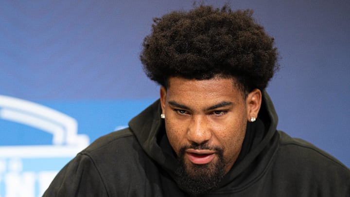 Mississippi wideout De'Zhaun Stribling speaks to members of the media