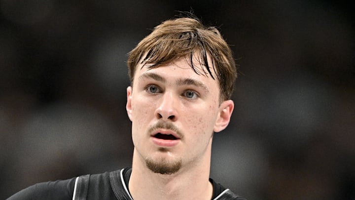 Dallas Mavericks forward Cooper Flagg looks on during the game between the Mavericks and the Nuggets.